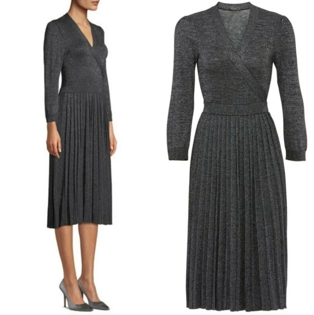 Kate Spade New York Faux Wrap Dress Grey Metallic Silver Knit Pleated V Neck XS